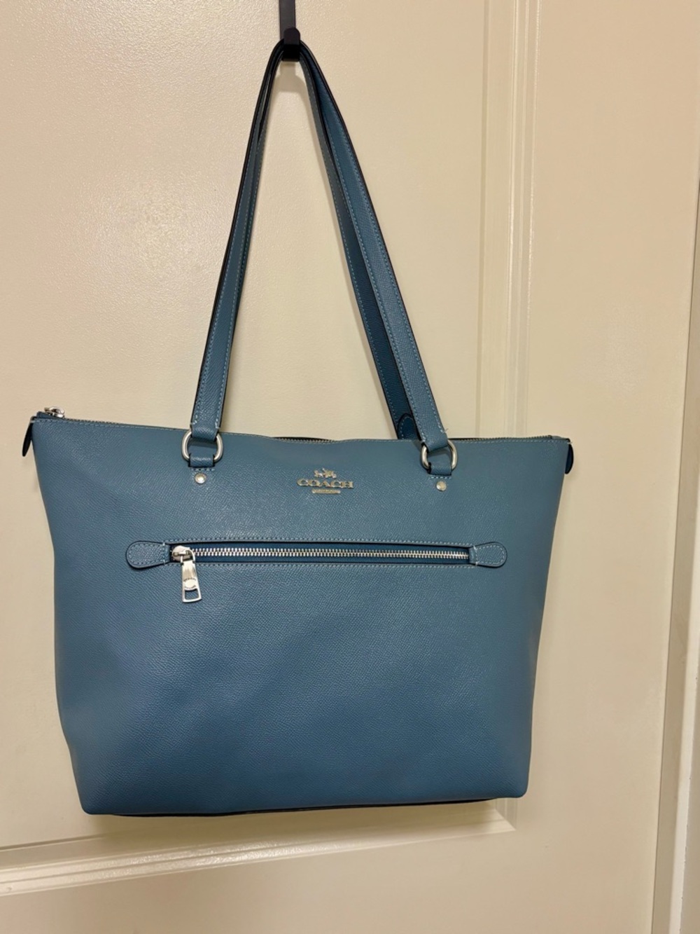 Coach Slate-Blue Leather Tote with Front Zip